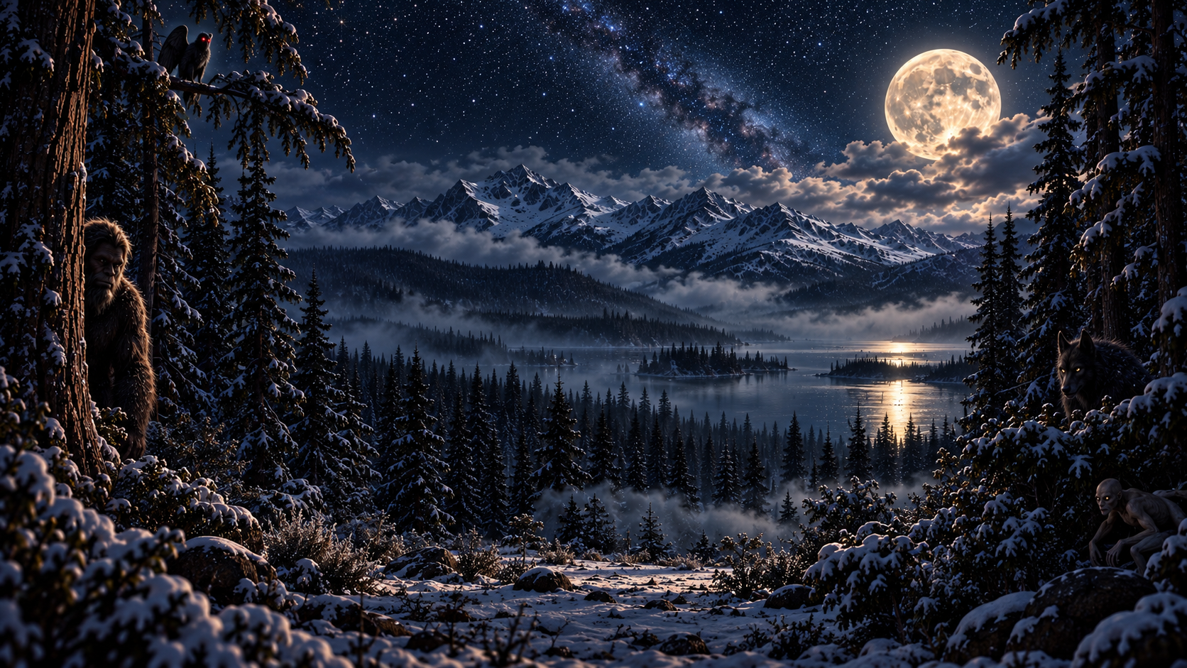 A starry moonlit mountain forest with Bigfoot, Mothman, Dogman and a Pale Crawler hiding among the trees